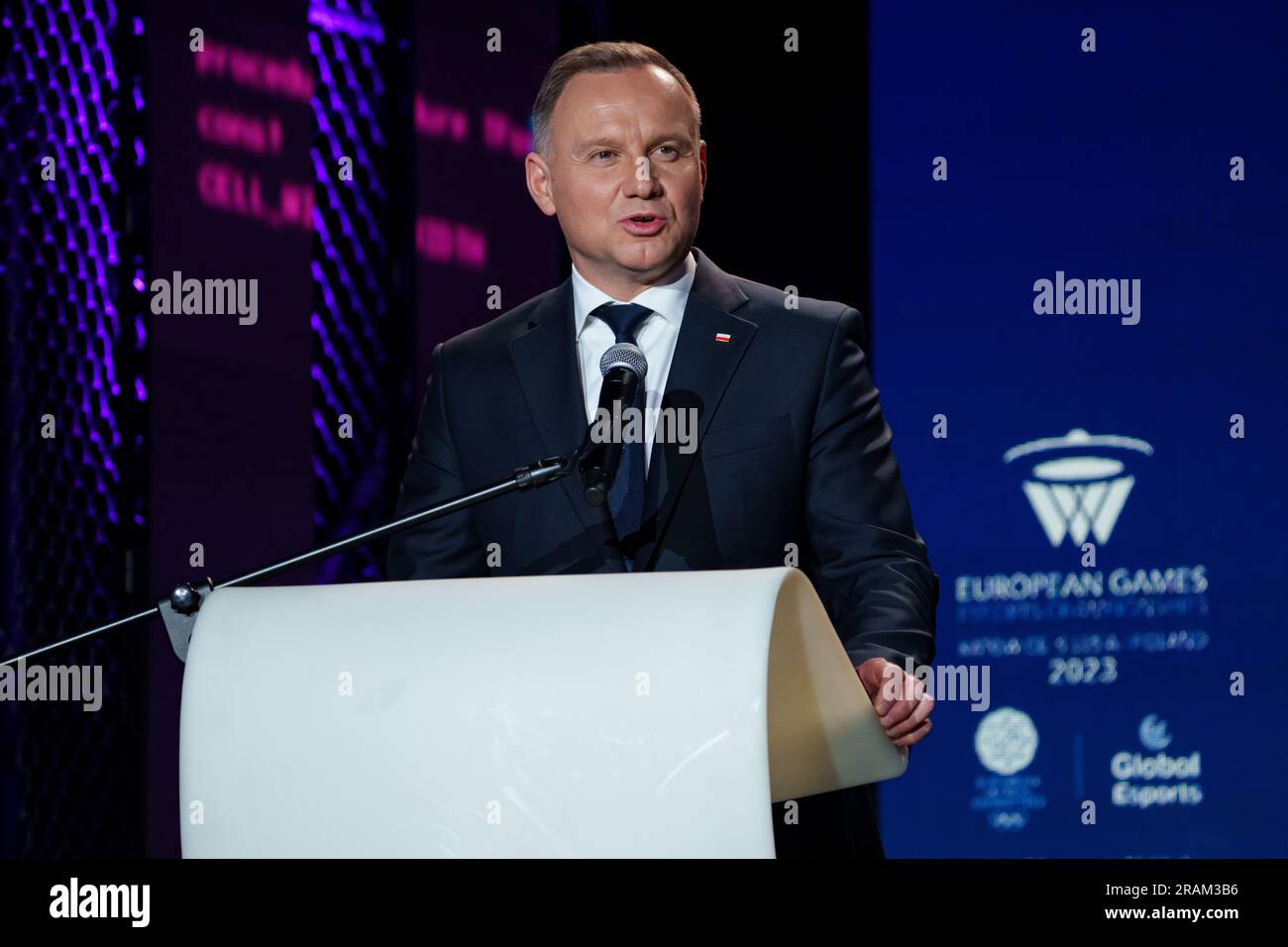 Andrzej Duda, président de la République de Pologne, intervient lors de la cérémonie d’ouverture des Championnats d’Europe d’Esports 2023 Banque D'Images