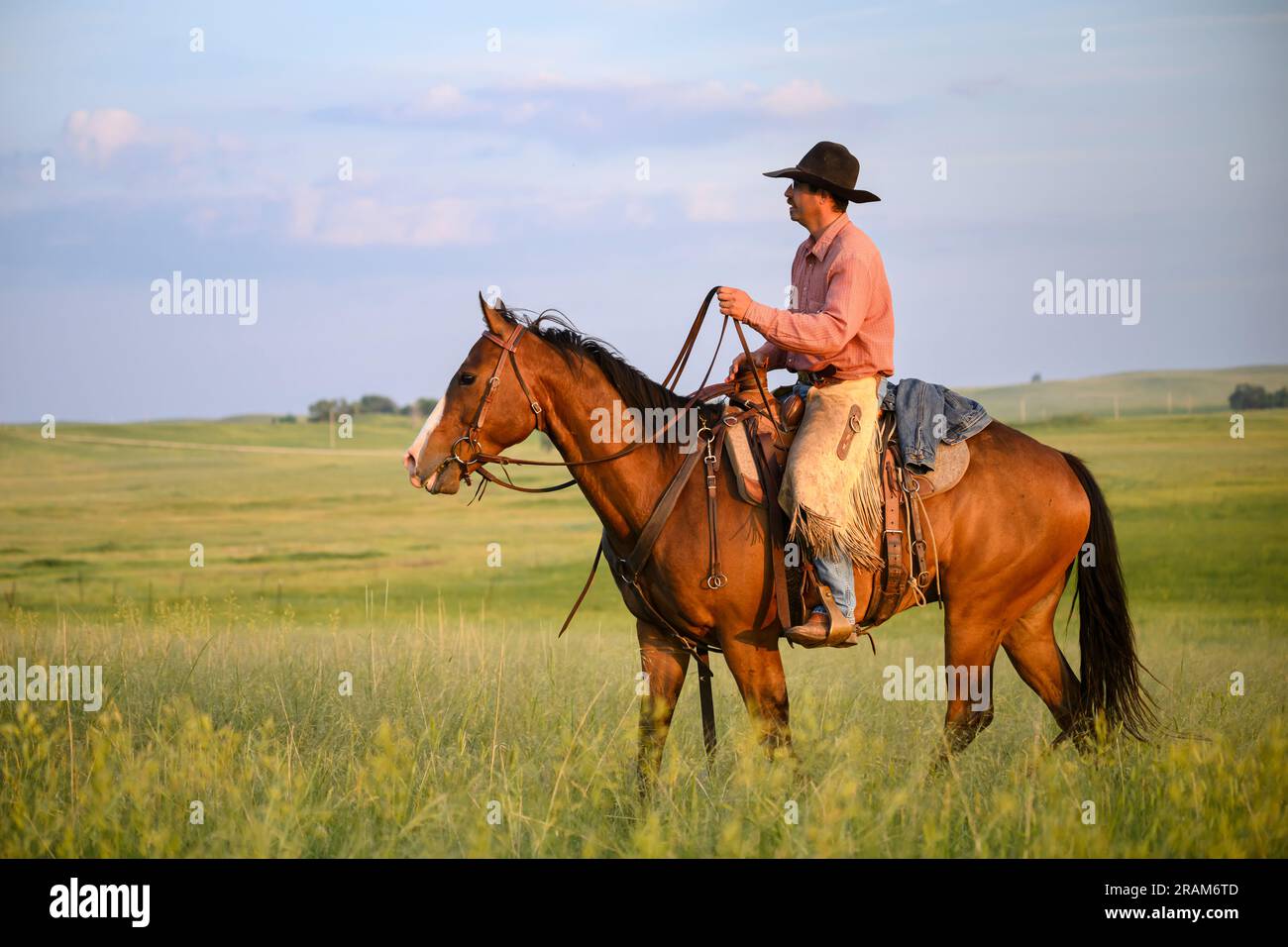 Kyle à cheval, Dennis Ranch, Red Owl, Dakota du Sud. Banque D'Images