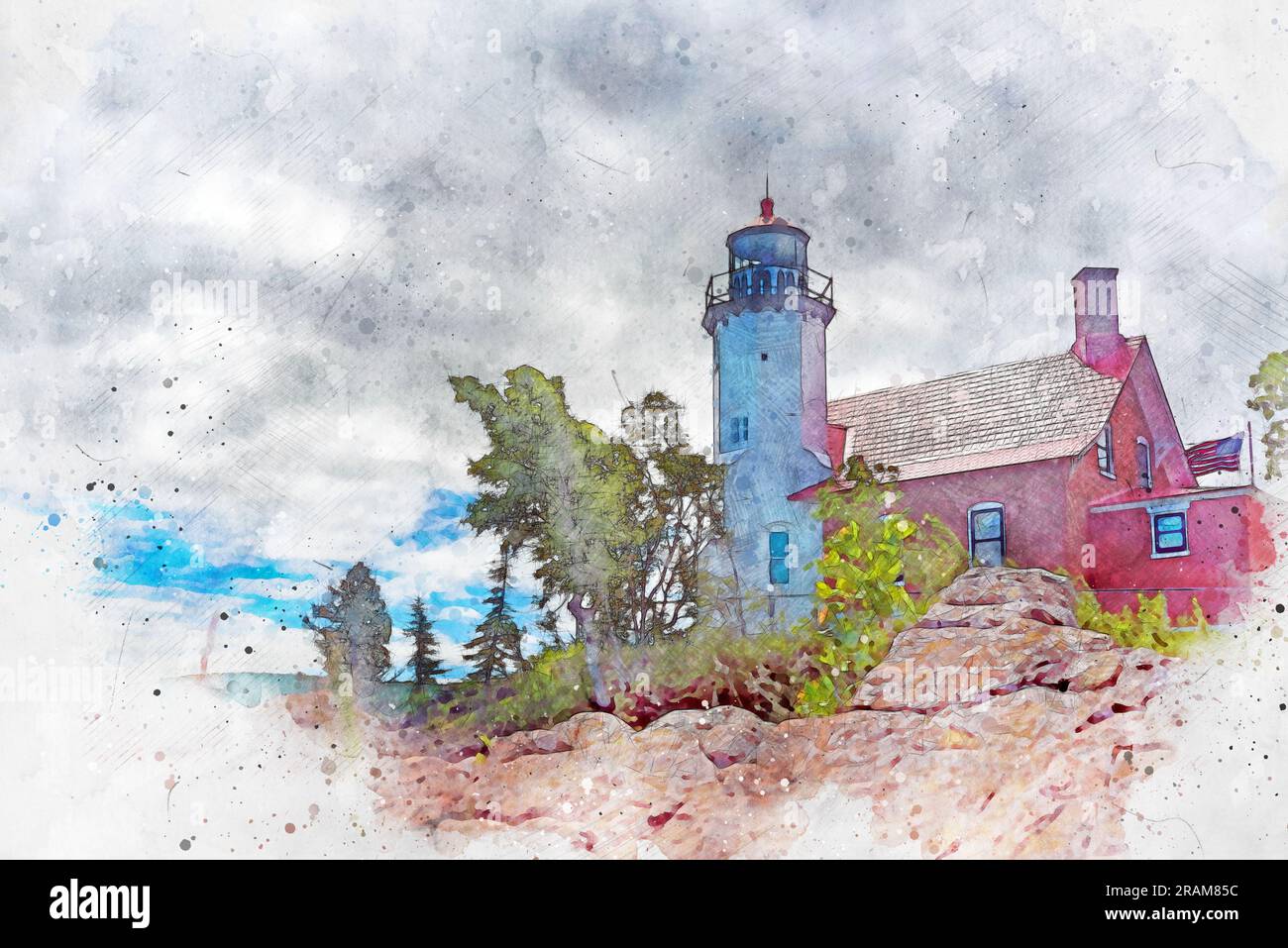 Aquarelle créée numériquement du phare d'Eagle Harbor. Pur Michigan Banque D'Images