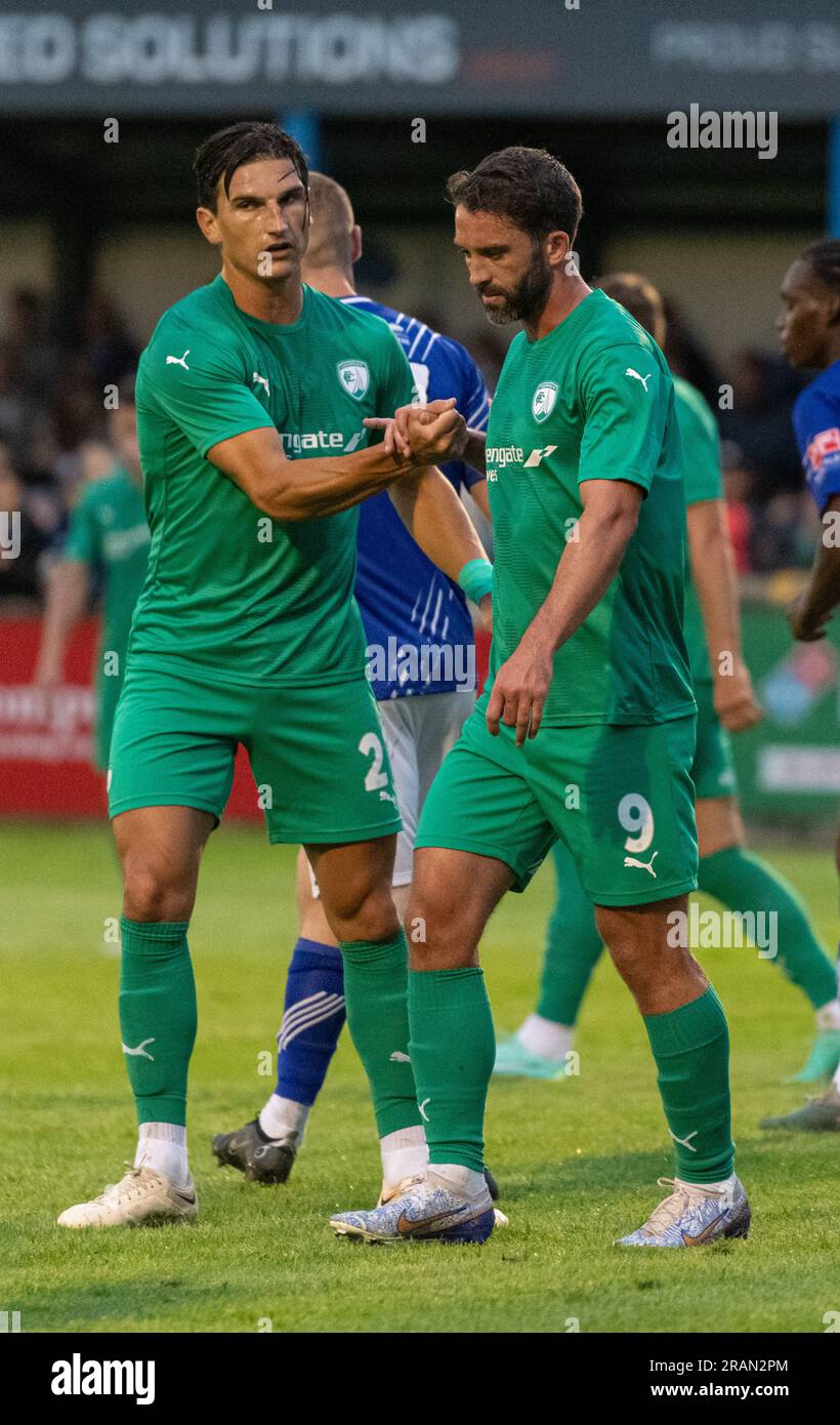 Matlock, Derbyshire, Angleterre 4th juillet 2023. Chesterfield New Signing will Grigg fête son deuxième but pour le club, pendant le Matlock Town football Club V Chesterfield football Club au Proctor Cars Stadium, amical d'avant-saison (Credit image: ©Cody Froggatt/Alamy Live news) Banque D'Images