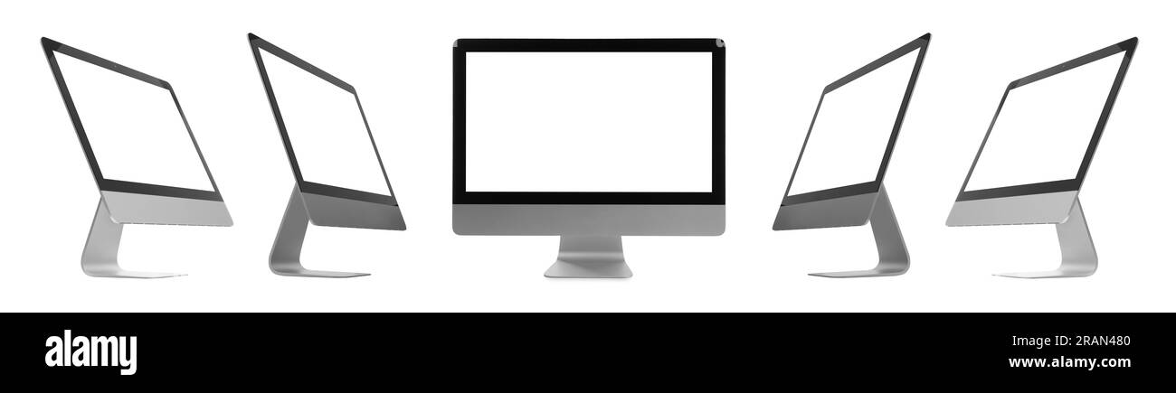 Conception de collage avec moniteur d'ordinateur sur fond blanc, de différents côtés Banque D'Images