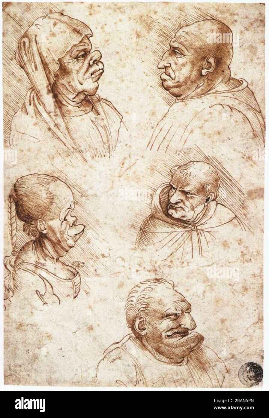 Cinq têtes de caricature vers 1490 ; Italie de Léonard de Vinci Banque D'Images