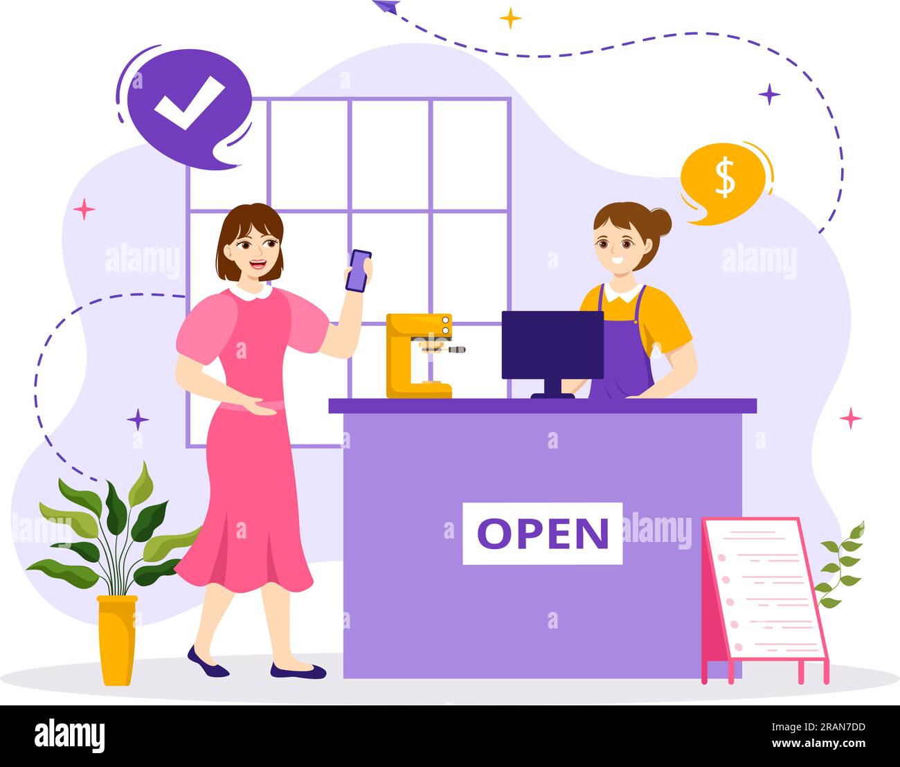 Illustration vectorielle de prêt de petite entreprise avec la protection et la croissance de soutien de magasin à développer dans des modèles d'arrière-plan dessinés à la main de dessin animé plat Illustration de Vecteur