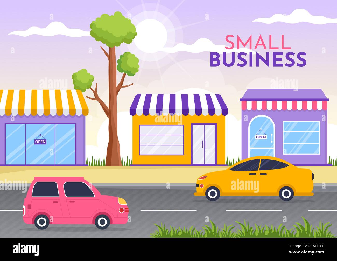 Illustration vectorielle de prêt de petite entreprise avec la protection et la croissance de soutien de magasin à développer dans des modèles d'arrière-plan dessinés à la main de dessin animé plat Illustration de Vecteur