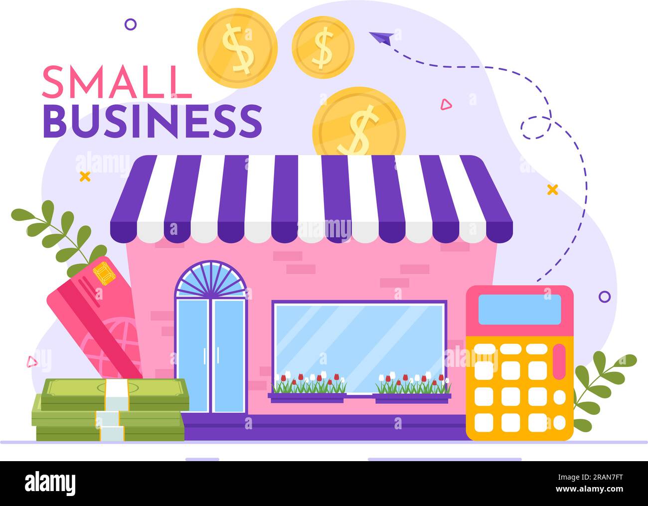 Illustration vectorielle de prêt de petite entreprise avec la protection et la croissance de soutien de magasin à développer dans des modèles d'arrière-plan dessinés à la main de dessin animé plat Illustration de Vecteur