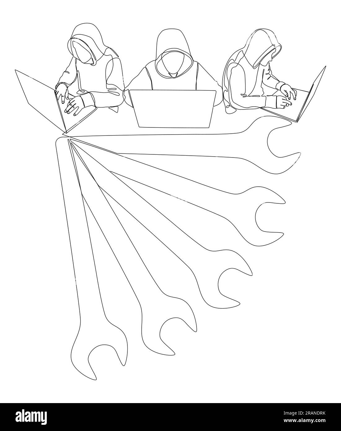 Une ligne continue de pirate informatique avec ordinateur portable et clé. Concept de vecteur d'illustration de ligne mince. Dessin de contour idées créatives. Illustration de Vecteur