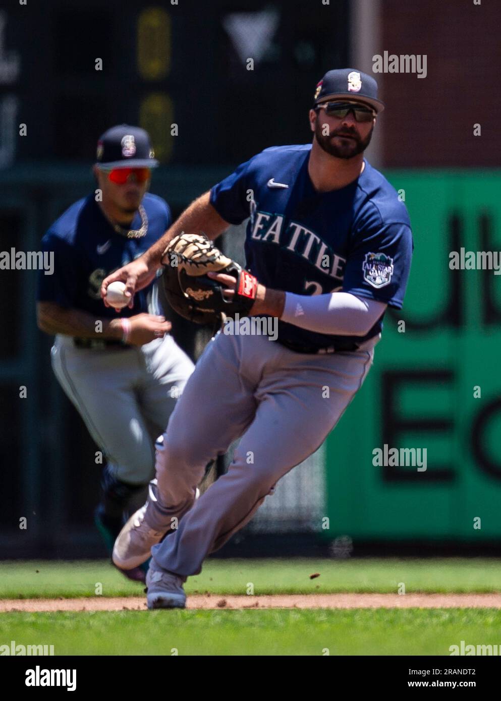 Juillet 04 2023 San Francisco CA, États-Unis Mike Ford (20), premier joueur de Seattle, joue dans le champ lors du match MLB entre les Mariners de Seattle et les Giants de San Francisco à Oracle Park San Francisco Calif. Thurman James/CSM (image de crédit : © Thurman James/Cal Sport Media) Banque D'Images