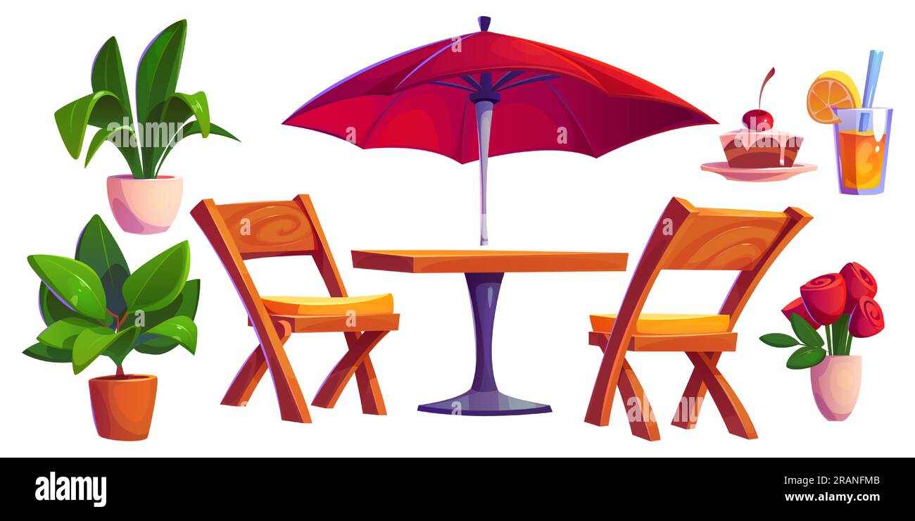 Café extérieur, terrasse ou terrasse de restaurant avec table et parasol. Mobilier pour cafétéria dans la rue ou le parc de la ville. Bistro avec chaises en bois, table, plantes et nourriture, illustration de dessin animé vectoriel Illustration de Vecteur