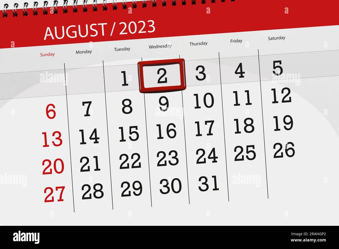 Calendrier 2023, date limite, jour, mois, page, Organisateur, date, août,  mercredi, numéro 2 Photo Stock - Alamy