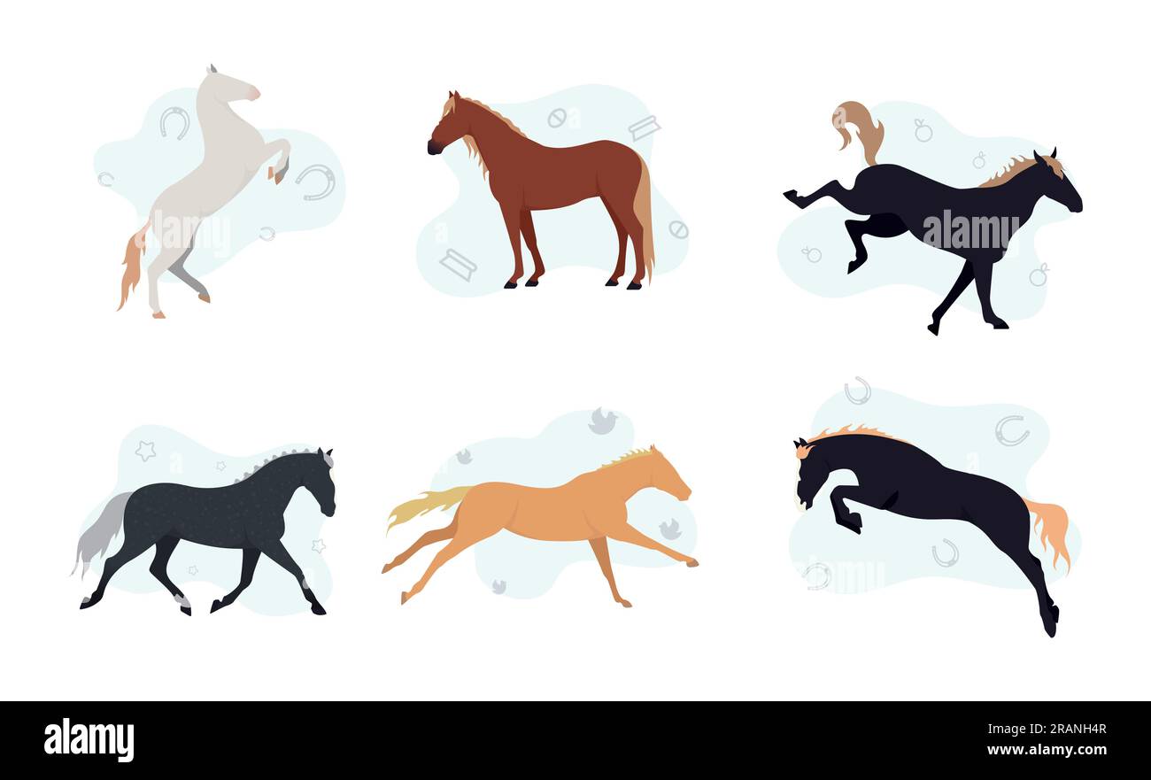 Cheval. Illustration avec un ensemble d'images de chevaux. Chevaux sur fond de pommes, fers à cheval, étoiles, oiseaux, pinceaux. Illustration de Vecteur