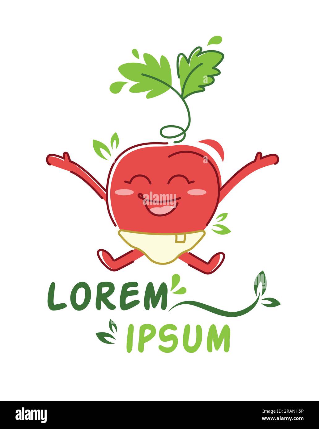 Logo avec radis. Un joyeux et mignon radis saute. Le légume sourit. Illustration vectorielle Illustration de Vecteur