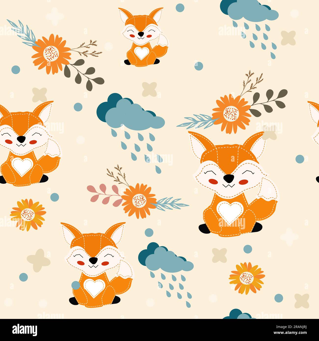Modèle chaud sans couture avec des éléments d'automne, nuages, pluie, renard, fleurs, décor. Pour l'impression sur textiles, pyjamas, literie, décoration de vacances, pour wra Illustration de Vecteur
