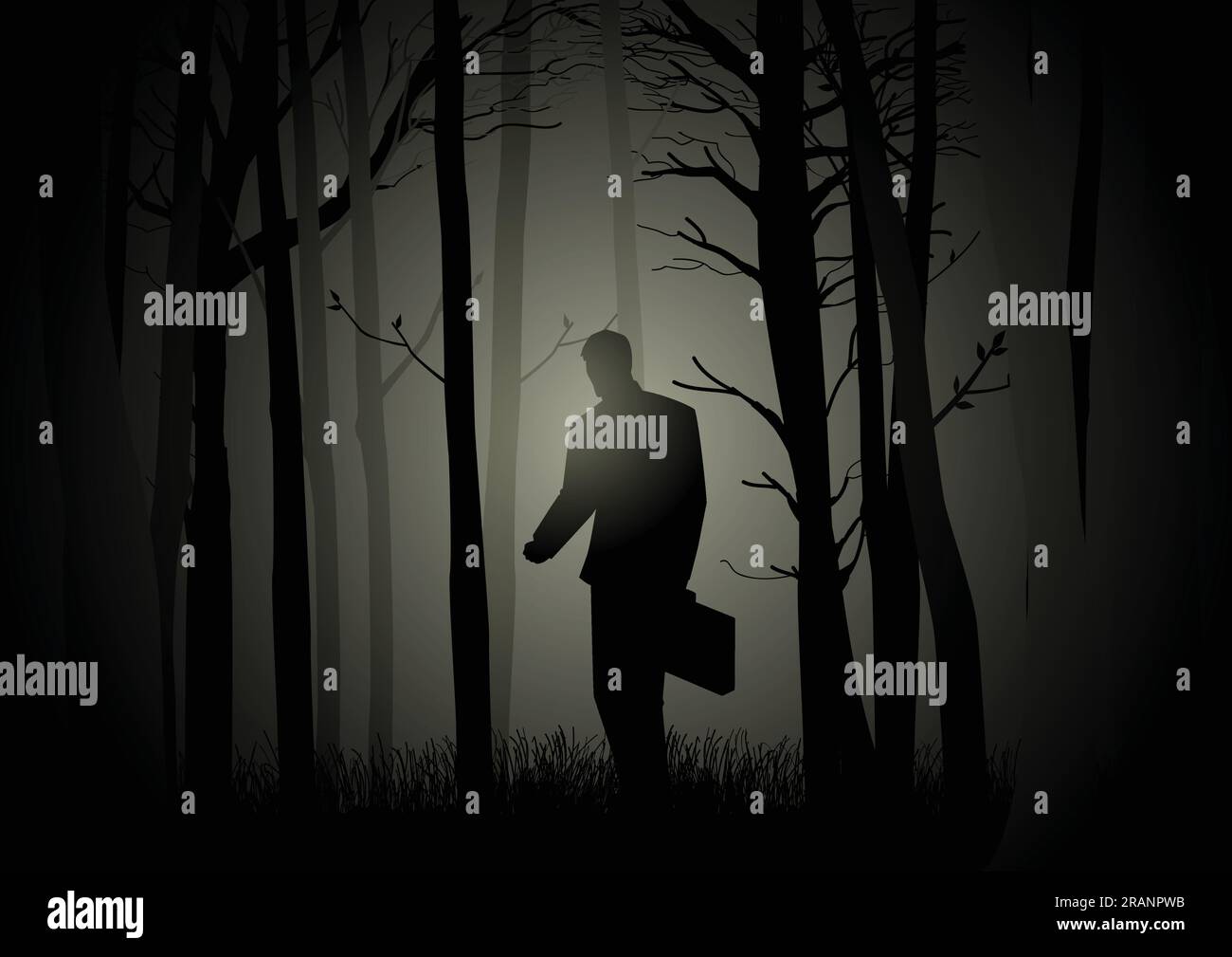 Silhouette d'un homme avec valise marchant dans la forêt sombre, perdu, confondre, concept de crise Illustration de Vecteur Silhouette d'un homme avec valise marchant dans la forêt sombre, perdu, confondre, concept de crise Illustration de Vecteur