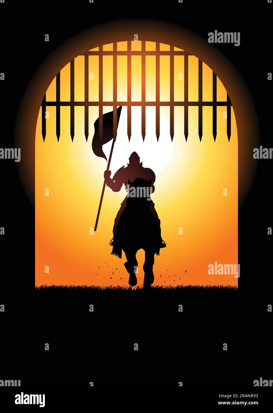 Silhouette d'un chevalier médiéval sur un cheval portant un drapeau entrant dans la porte du château Illustration de Vecteur