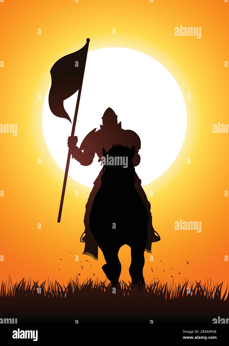 Silhouette d'un chevalier médiéval sur un cheval portant un drapeau Illustration de Vecteur
