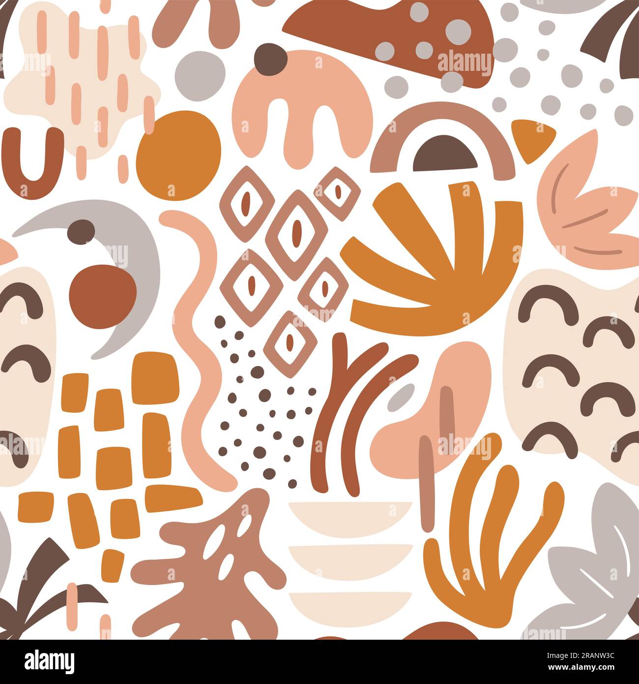 Motif sans couture de formes abstraites. Formes organiques Boho avec palette de couleurs chaudes. Motif à répétition carrée. Illustration vectorielle. Illustration de Vecteur
