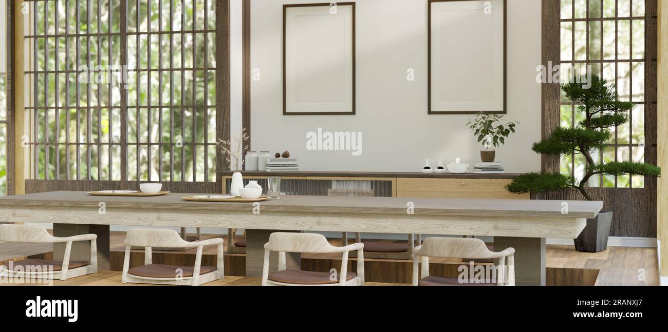 Design d'intérieur d'une belle salle à manger japonaise traditionnelle avec  une grande table à manger, des chaises, un bonsaï et un décor à la maison.  Restaurant japonais. 3d Photo Stock - Alamy