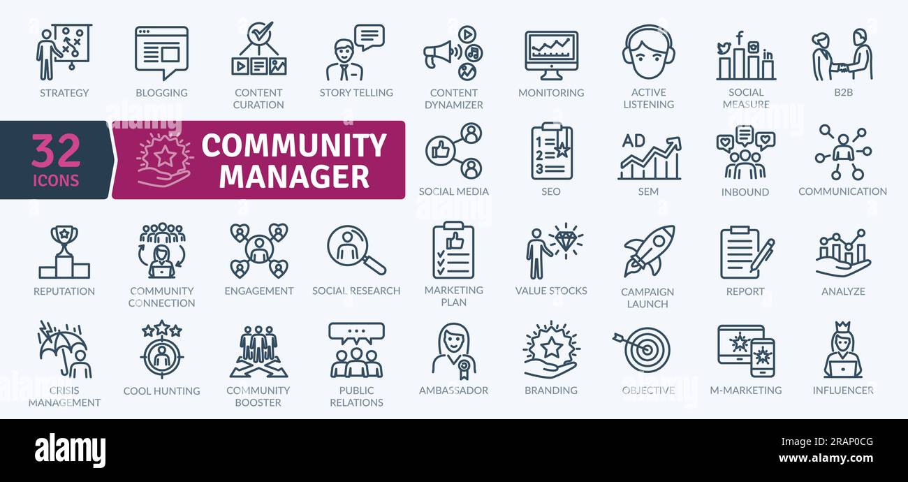 Liste d'icônes pour les tâches de community Manager telles que la gestion des réseaux sociaux, l'analyse des données ou la gestion d'équipe de travail Illustration de Vecteur