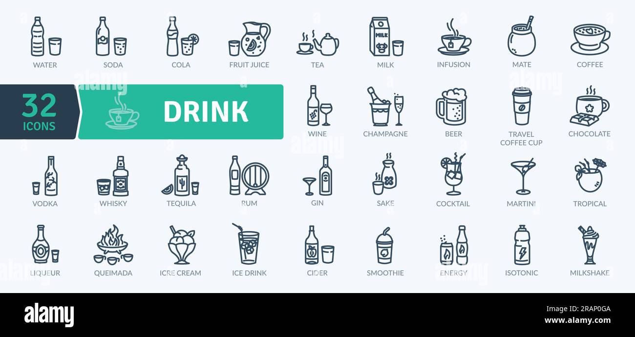 Boissons alcoolisées, énergétiques et spiritueuses.types de boissons. Jeu d'icônes vectorielles. Illustration de Vecteur