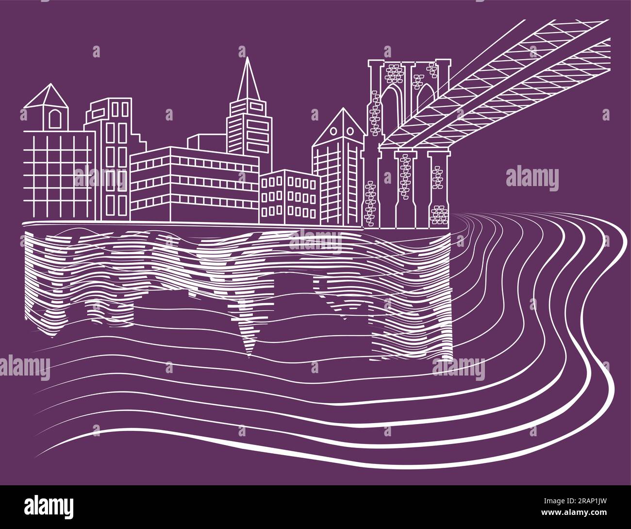 Paysage urbain de contour de nuit près de la rivière avec des silhouettes de bâtiments et de pont dessinant sur fond transparent Illustration de Vecteur