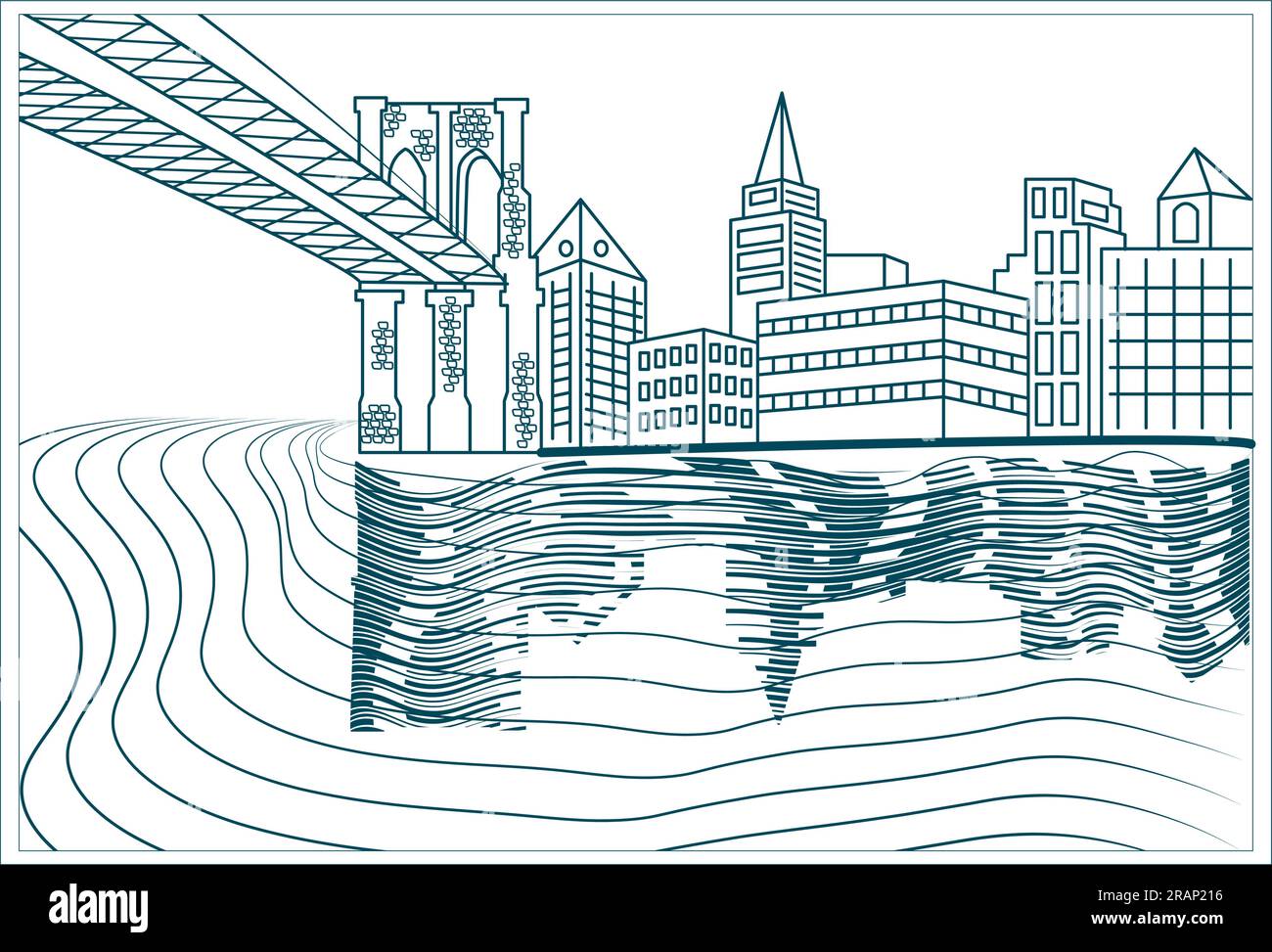 Contour paysage de zone urbaine près de la rivière avec des silhouettes de bâtiments et de pont dessinant sur fond transparent Illustration de Vecteur