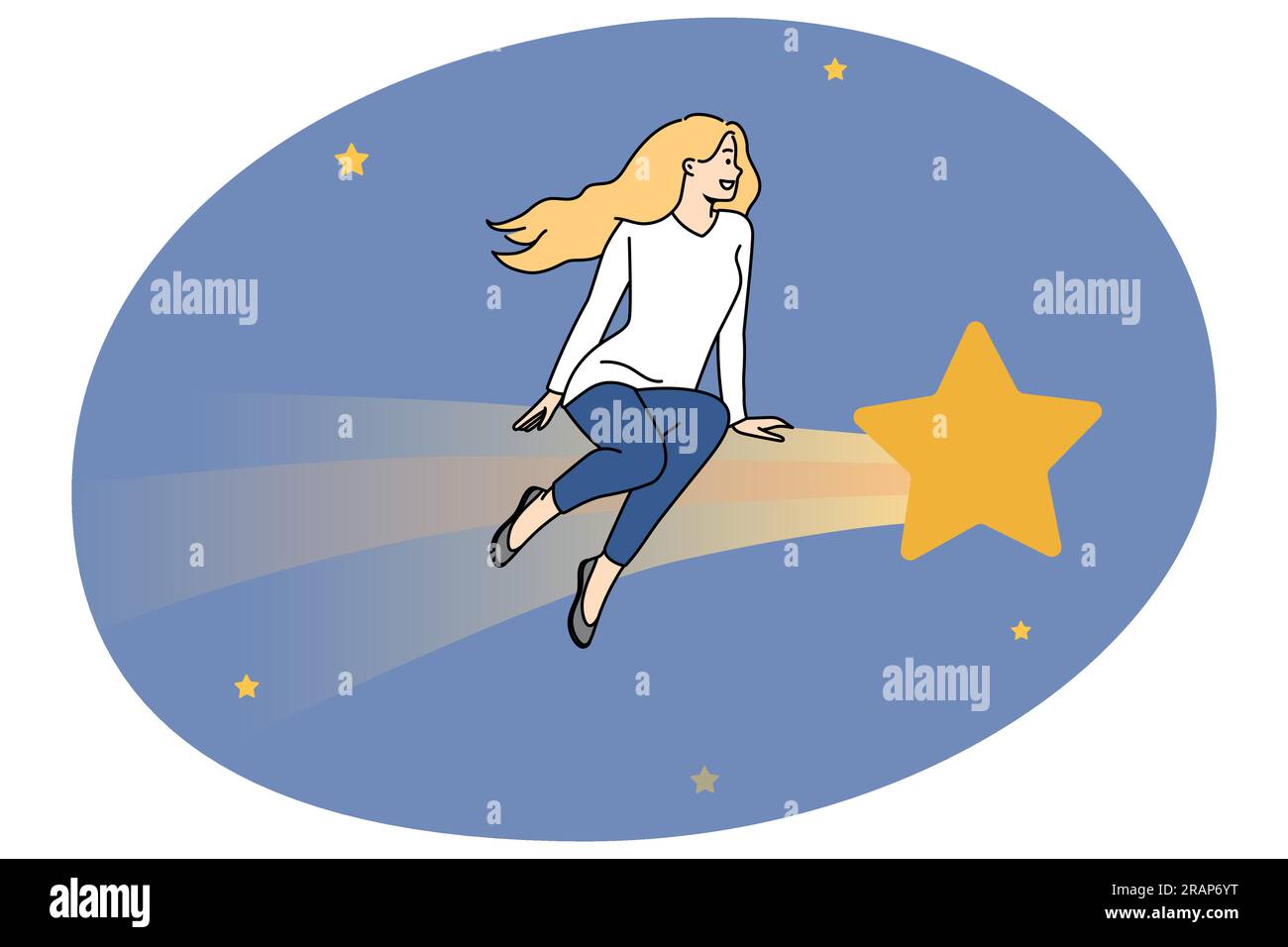 Jeune femme assise sur une grande star rêvant ou pensant à l'avenir. Fille imaginant des perspectives ou des plans. Rêveur dans un ciel étoilé. Illustration vectorielle. Illustration de Vecteur