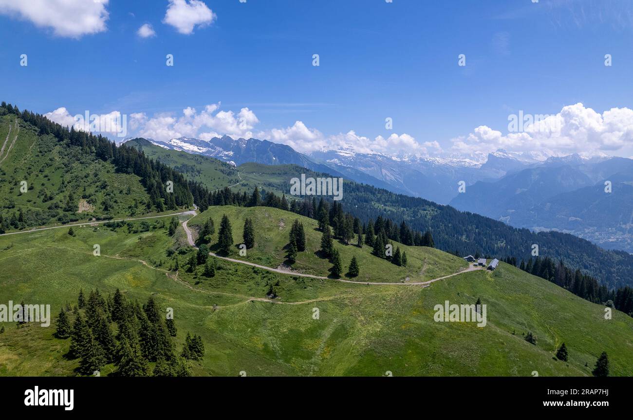 Pente de montagne verte en face du Mont Blanc sommets de neige éternels massifs dans la brume atmosphérique avec des nuages spectaculaires s'élevant au-dessus vu du Col de Joux Plan Banque D'Images