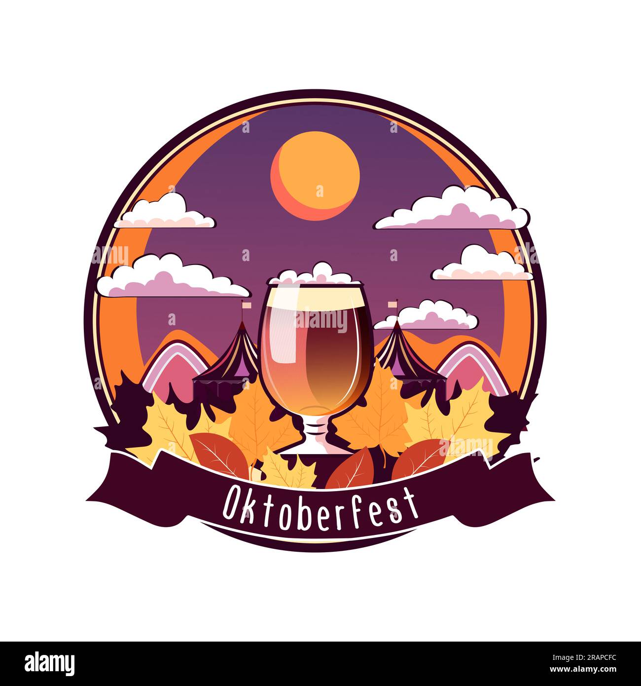 Bière emblème Oktoberfest avec fond de festival, tentes, drapeau de montagne. Illustration vectorielle. Illustration de Vecteur