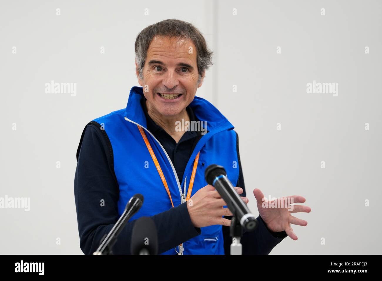 Futaba, Japon. 5 juillet 2023. Rafael Mariano Grossi, directeur général de l’Agence internationale de l’énergie atomique, s’exprime lors d’une conférence de presse à la centrale nucléaire endommagée de Fukushima à Okuma, dans le nord-est du Japon, mercredi 5 juillet 2023. (Image de crédit : © POOL via ZUMA Press Wire) USAGE ÉDITORIAL SEULEMENT! Non destiné à UN USAGE commercial ! Banque D'Images