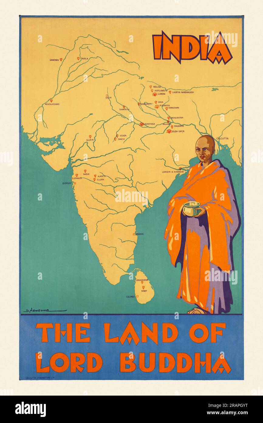 Inde. La terre du Seigneur Bouddha par Dorothy Newsome (1900-1980). Affiche publiée en 1930. Banque D'Images