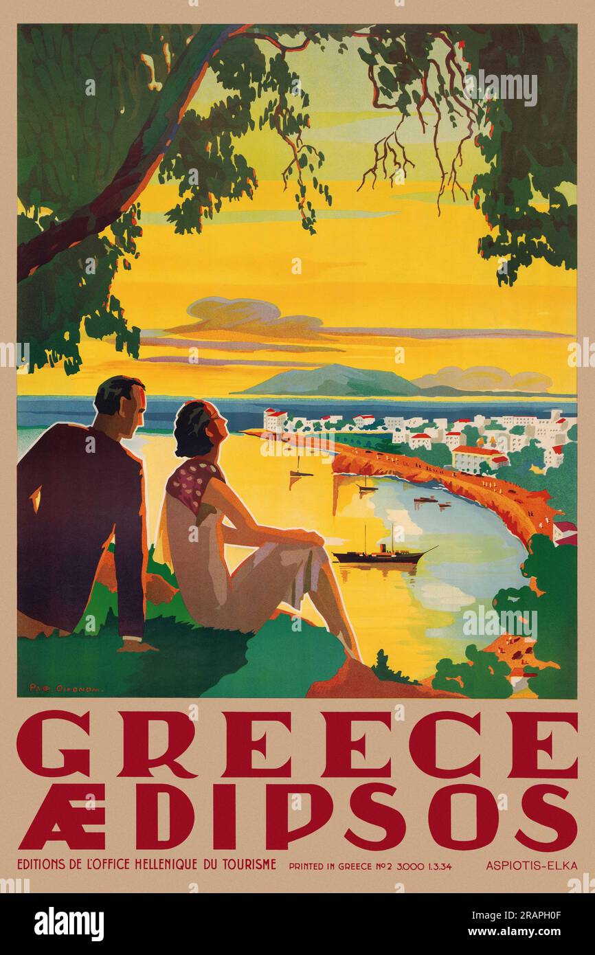 Grèce ÆDIPSOS (Aidipsos) de Paø. Oikonom (dates inconnues). Affiche publiée dans les années 1940 en Grèce. Banque D'Images