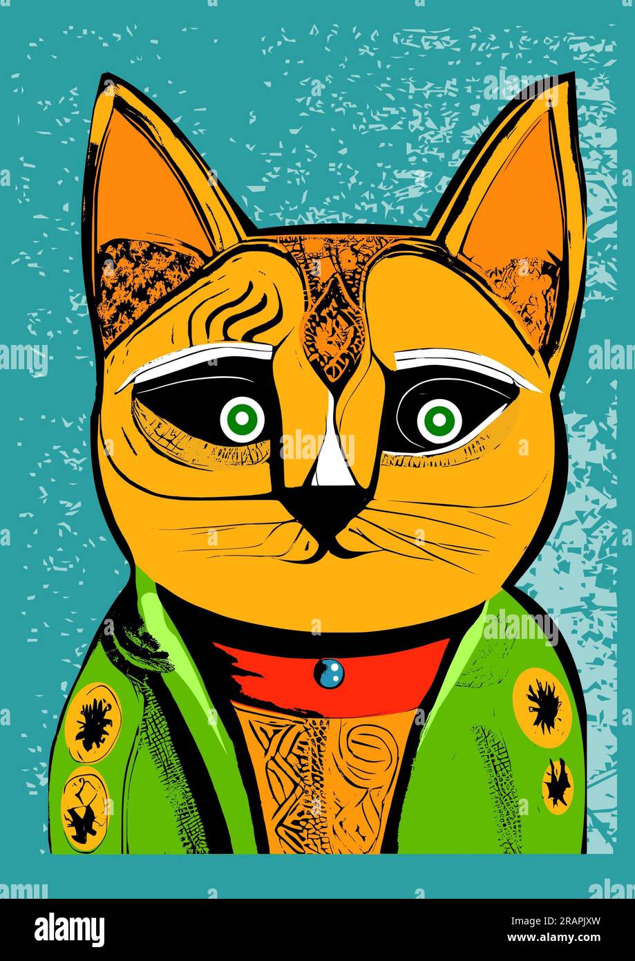 Mignon chat d'art naïf coloré d'art folklorique nous regardant avec des yeux fascinants Banque D'Images