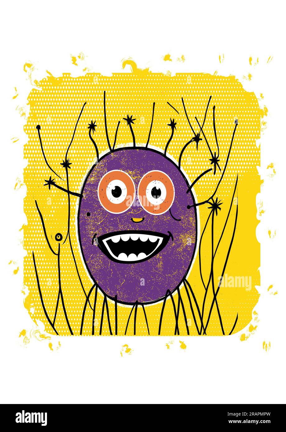 Drôle rond monstre amical , créature souriant joyeusement sur un fond jaune vif Banque D'Images