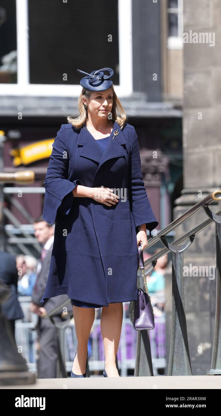 Chef de la Chambre des communes Penny Mordaunt, arrivant à la cathédrale St Giles, à Édimbourg, pour le service national de Thanksgiving et la dédicace du roi Charles III et de la reine Camilla, et la remise des honneurs d'Écosse. Date de la photo : mercredi 5 juillet 2023. Banque D'Images