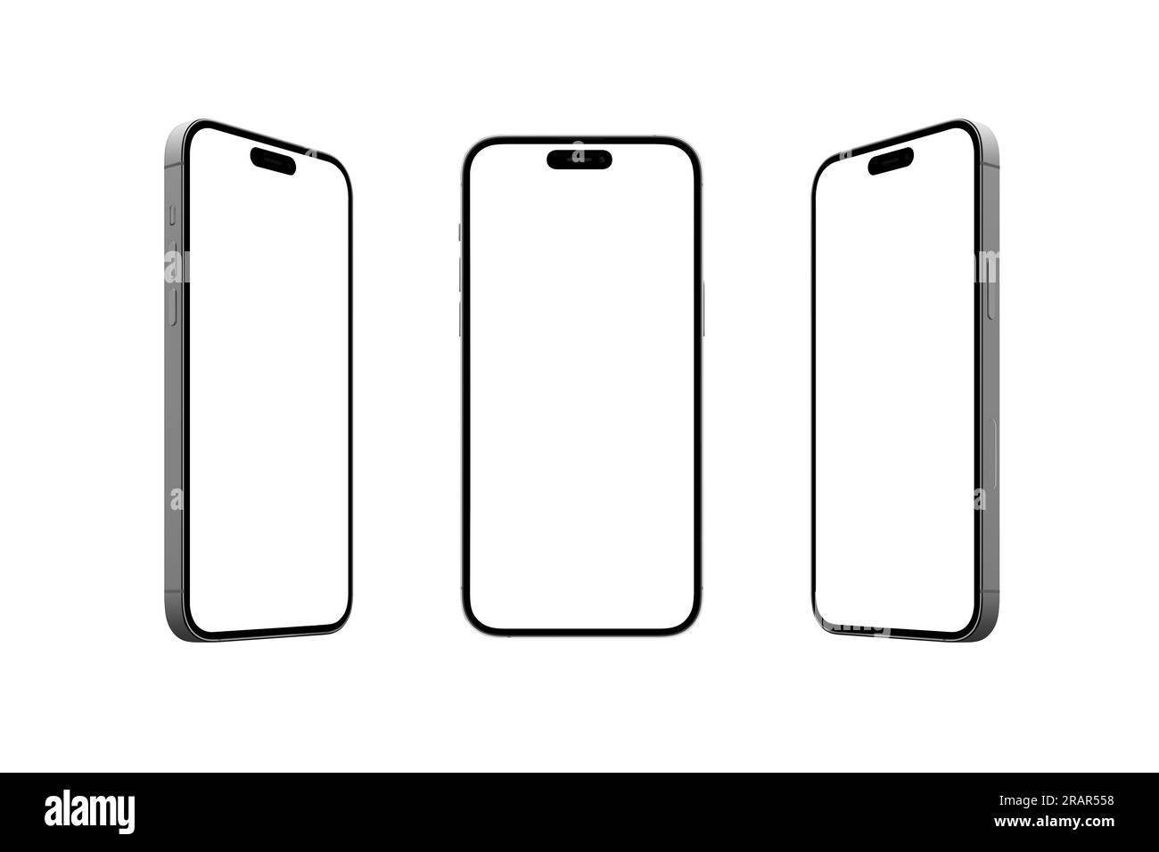 Smartphone moderne en vue avant et latérale. Téléphones et écrans isolés pour la présentation d'applications, de sites Web et de produits numériques. La caméra est construite Banque D'Images
