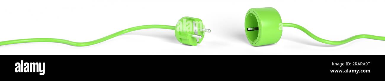 Concept de black-out ou de perturbation : fiche et prise séparées en vert et avec câble reposant sur un sol avec ombre. Isolé sur blanc Banque D'Images