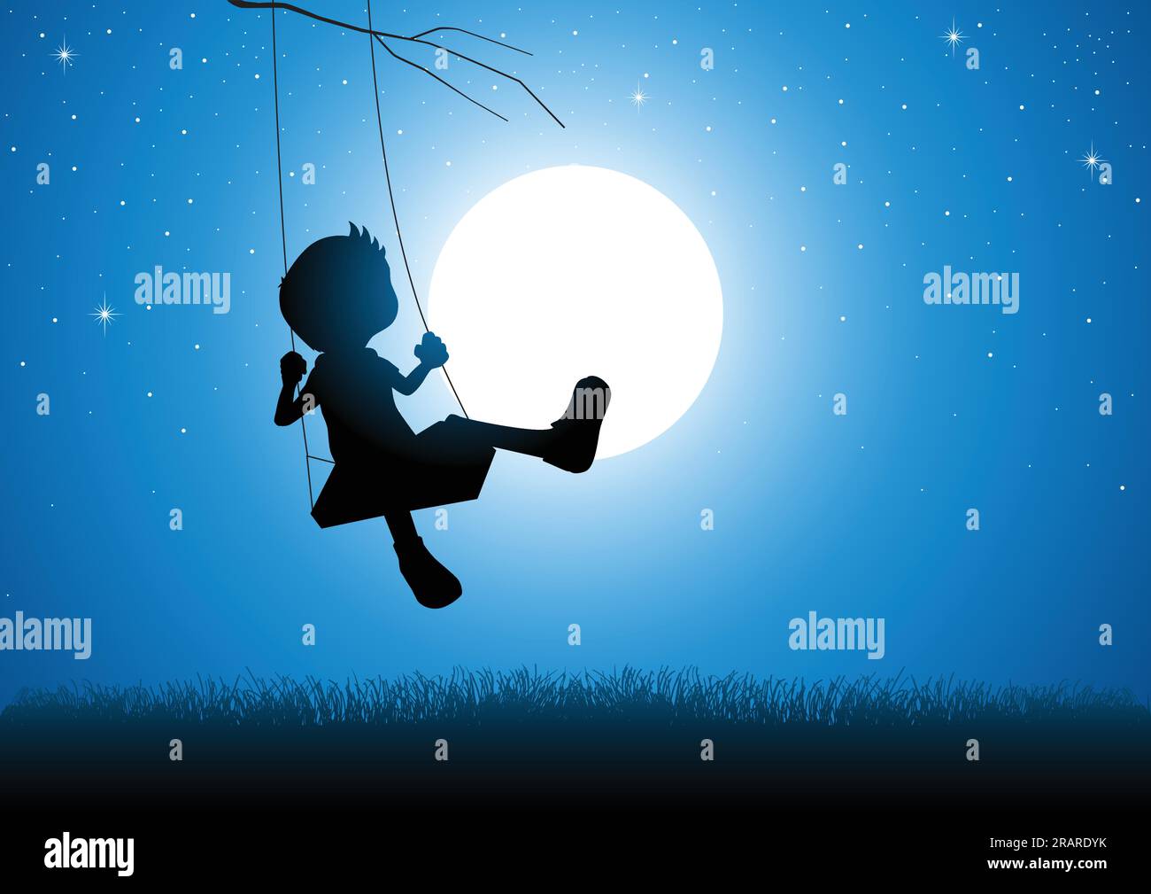 Silhouette de dessin animé d'un garçon jouant sur un swing pendant la pleine lune Illustration de Vecteur