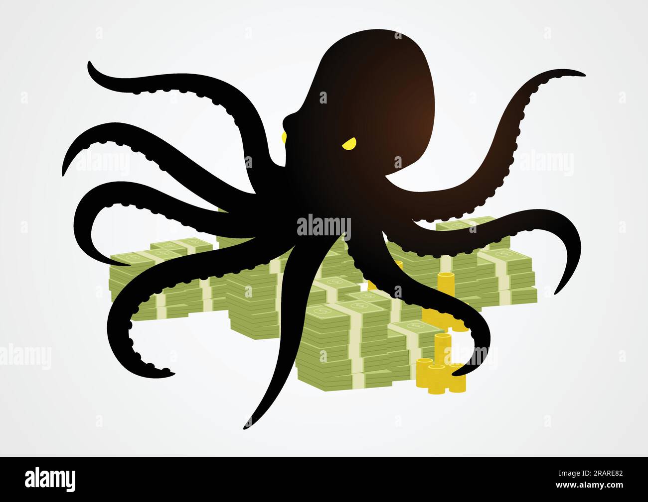 Silhouette illustration d'un poulpe tenant de l'argent avec ses tentacules, affaires, société, conglomérat, concept de capitalisme Illustration de Vecteur