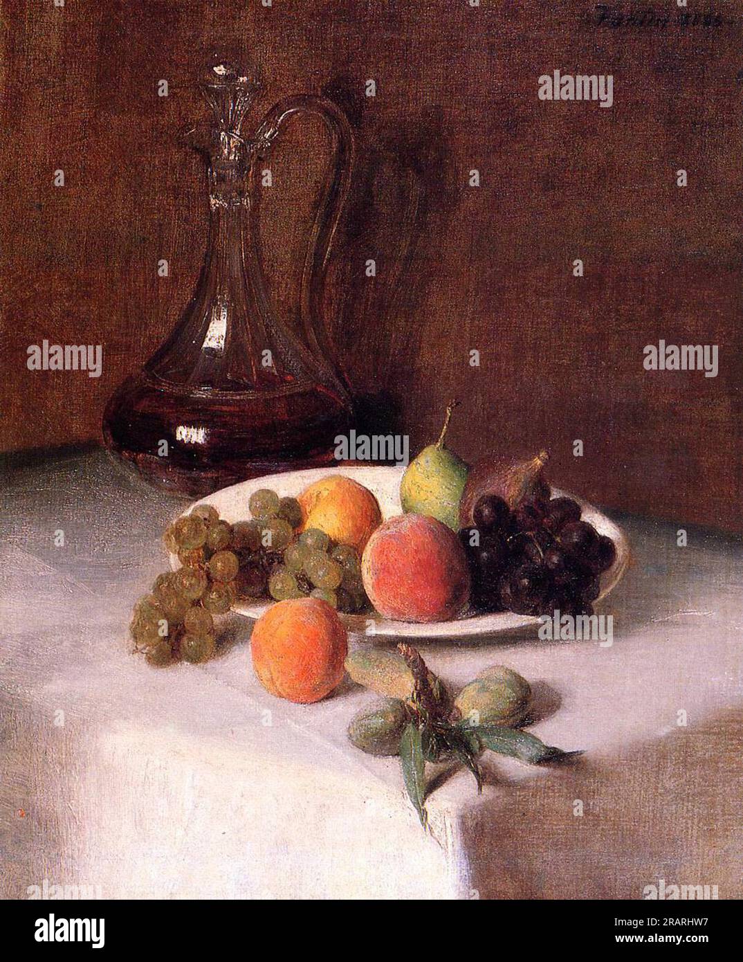 Une carafe de vin et une assiette de fruits sur une nappe blanche 1865 par Henri Fantin-Latour Banque D'Images