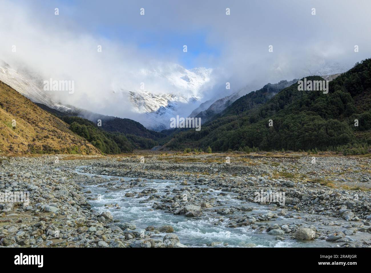 Bush Stream dans le parc national du Mont Cook dans l'île du Sud de la Nouvelle-Zélande. En arrière-plan se trouvent les montagnes enneigées de la chaîne Ben Ohau Banque D'Images