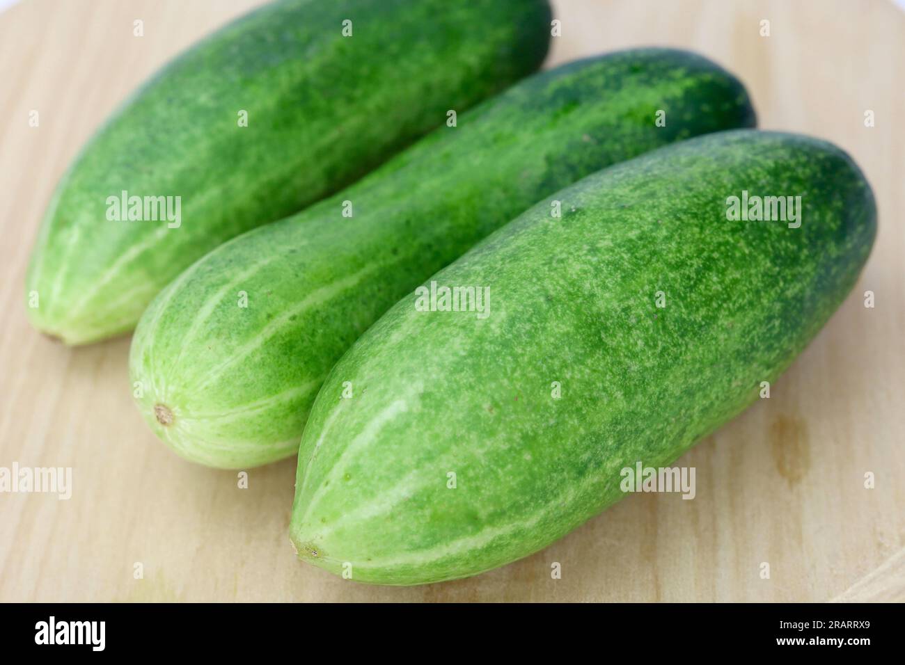 Concombres verts frais et sains sur planche de bois Banque D'Images
