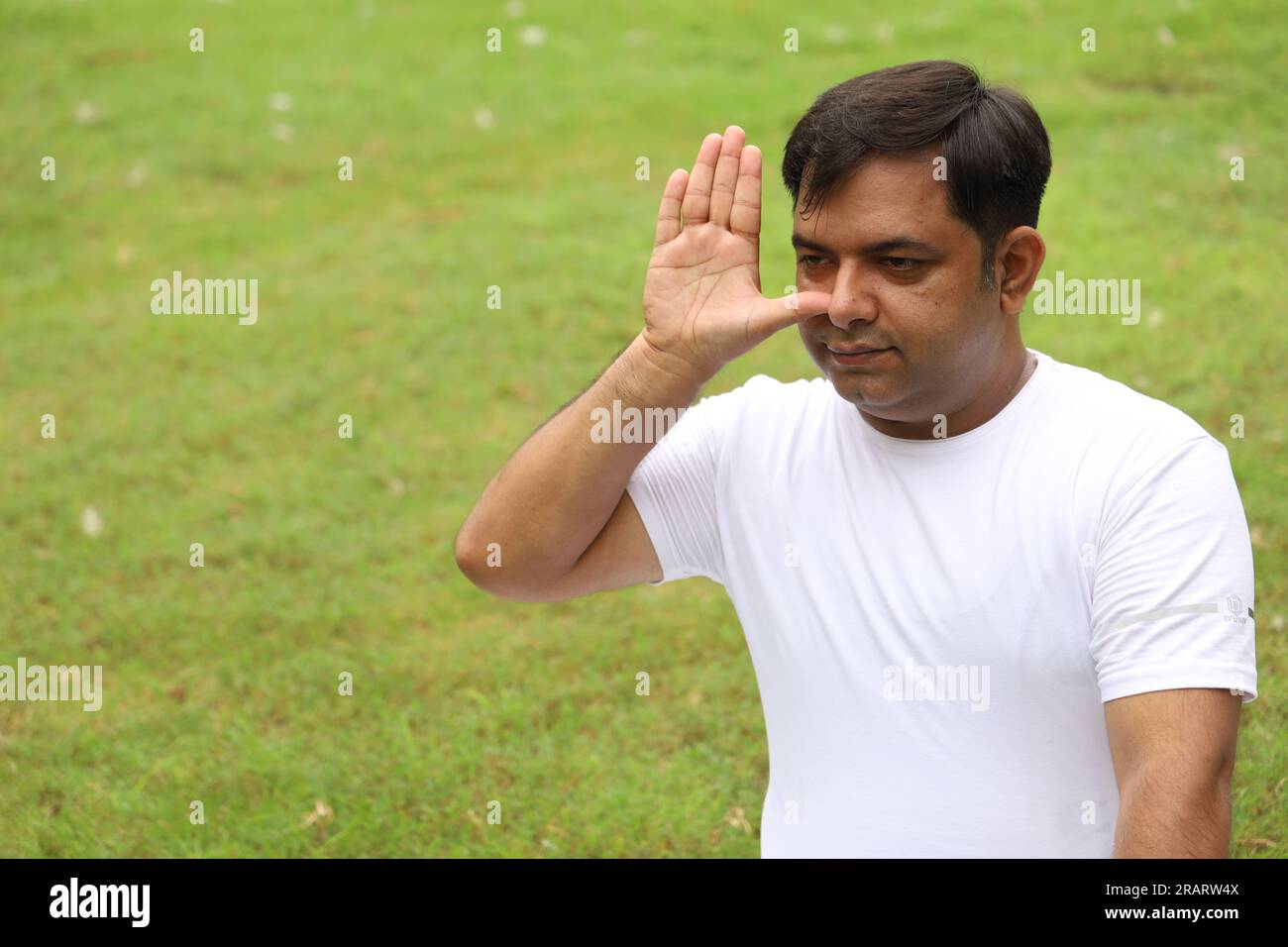 Homme obèse faisant de l'exercice et faisant du yoga poses dans un environnement vert serein tôt le matin dans le parc pour maintenir un mode de vie sain. Journée internationale du yoga. Banque D'Images