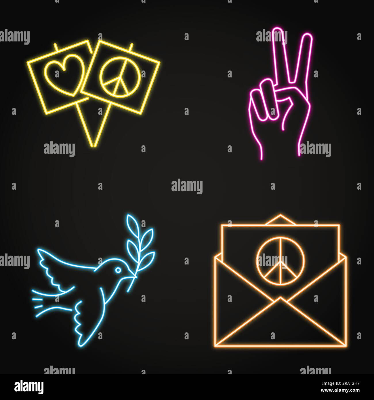Jeu d'icônes néon pacifisme et paix. Colombe de paix, symboles du geste V. Illustration vectorielle. Illustration de Vecteur Jeu d'icônes néon pacifisme et paix. Colombe de paix, symboles du geste V. Illustration vectorielle. Illustration de Vecteur
