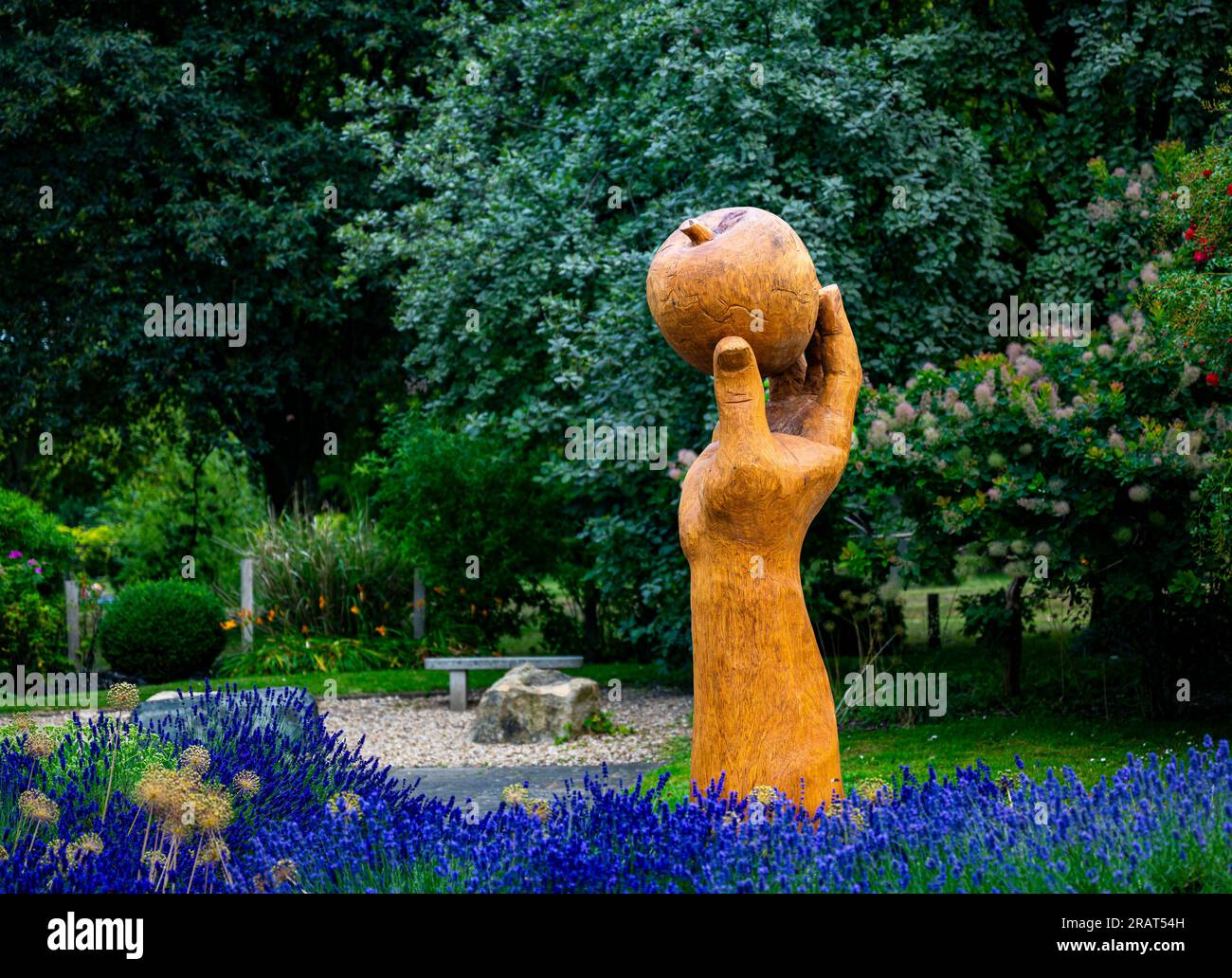 Wyndham Park, Grantham, Lincolnshire, Royaume-Uni. Une sculpture sculptée en bois dur appelée Isaac’s Apple nommée d’après Sir Isaac Newton qui est né localement puis a fréquenté la Kings School de la ville Banque D'Images
