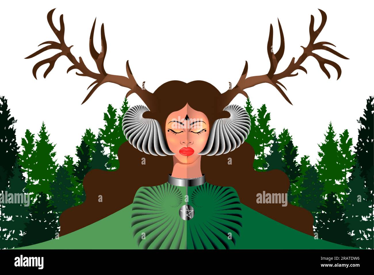 Celtic Woodland Goddess. Portrait de la belle femme dans une coiffe cornée. Déesse païenne aux yeux fermés, caractère mythique. Prêtresse nordique Illustration de Vecteur