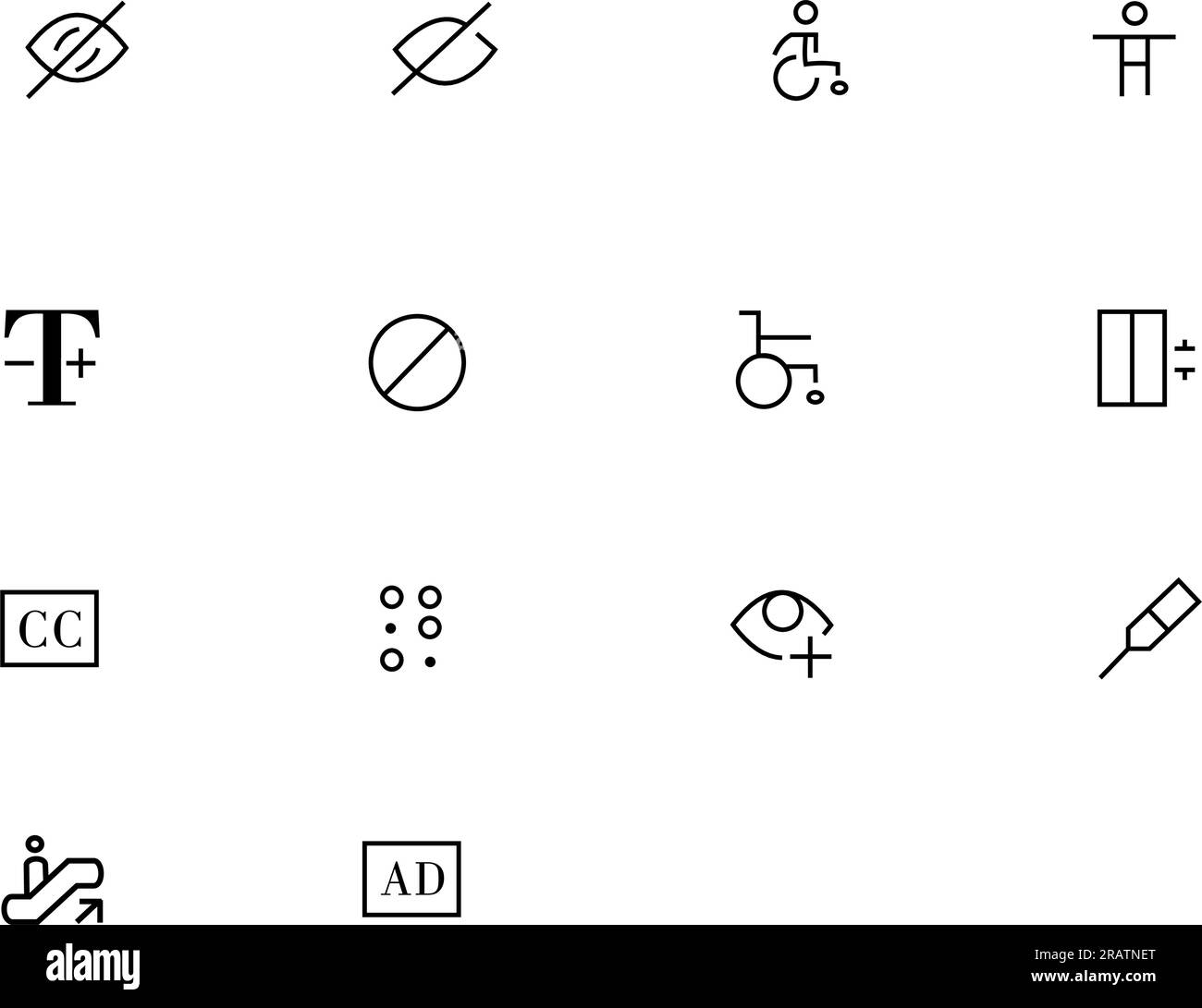 Vector,assistance,accessibilité,cécité,sourd,handicap,fauteuil roulant,langage des signes,set,icône,vecteurs,accès,accessible,aveugle,bundle,contrôle,données,difficile Illustration de Vecteur