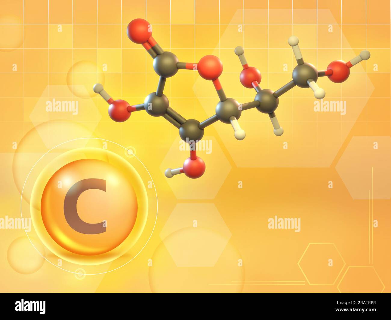 Diagramme 3D des molécules de vitamine C. Illustration numérique, rendu 3D. Banque D'Images