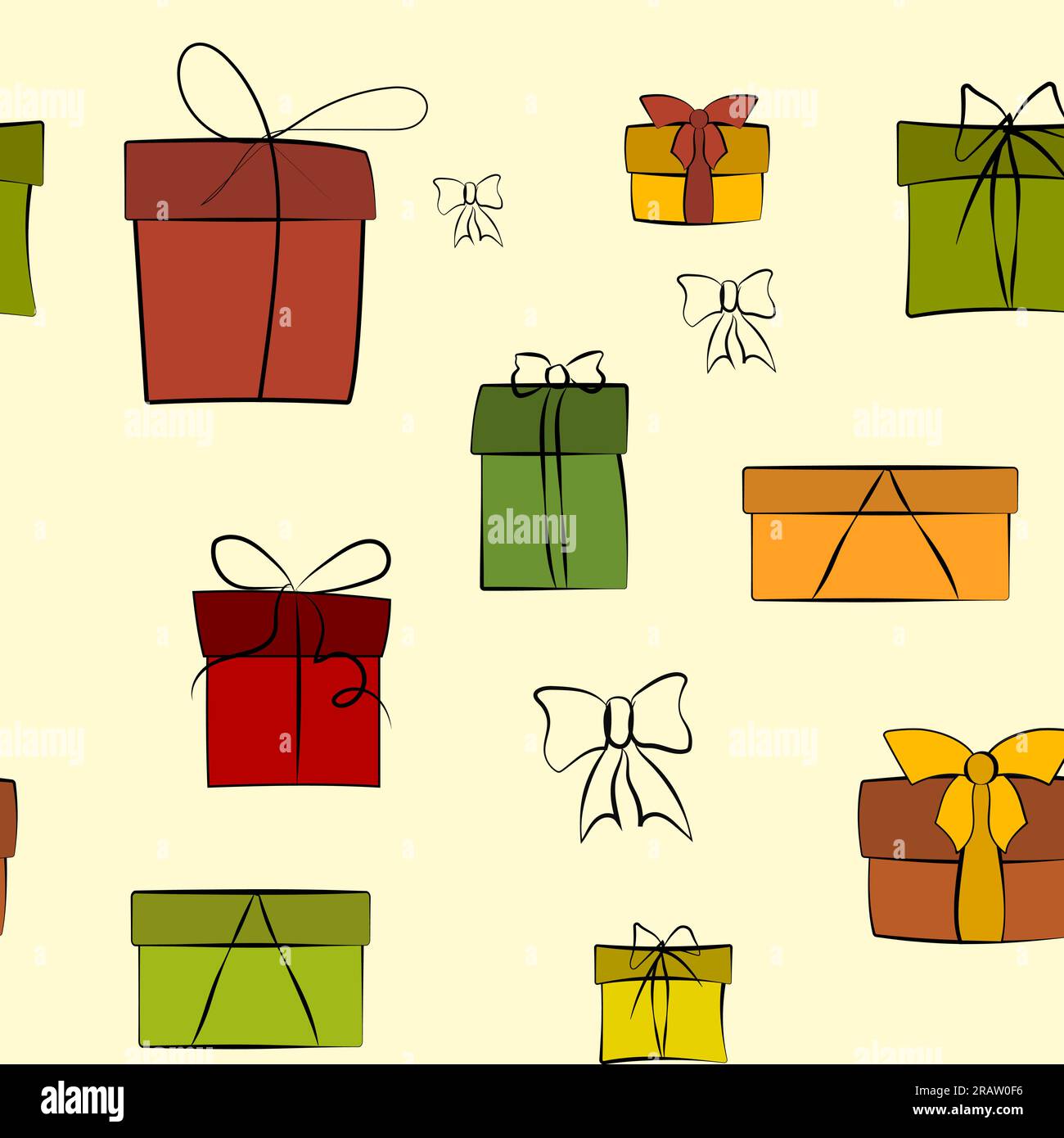 Modèle sans couture vectoriel, boîtes cadeaux, jeu d'icônes vectorielles. Collection de doodle dessinée à la main isolée sur fond jaune. Textile en papier enveloppé coloré. Pour Illustration de Vecteur