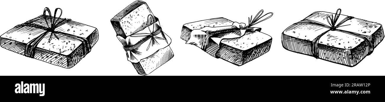 Barres de savon fait à la main enveloppées dans du papier kraft et corde de jute. L'illustration est dessinée à la main à l'encre noire, graphiques. vecteur eps. Ensemble d'objets isolés Illustration de Vecteur