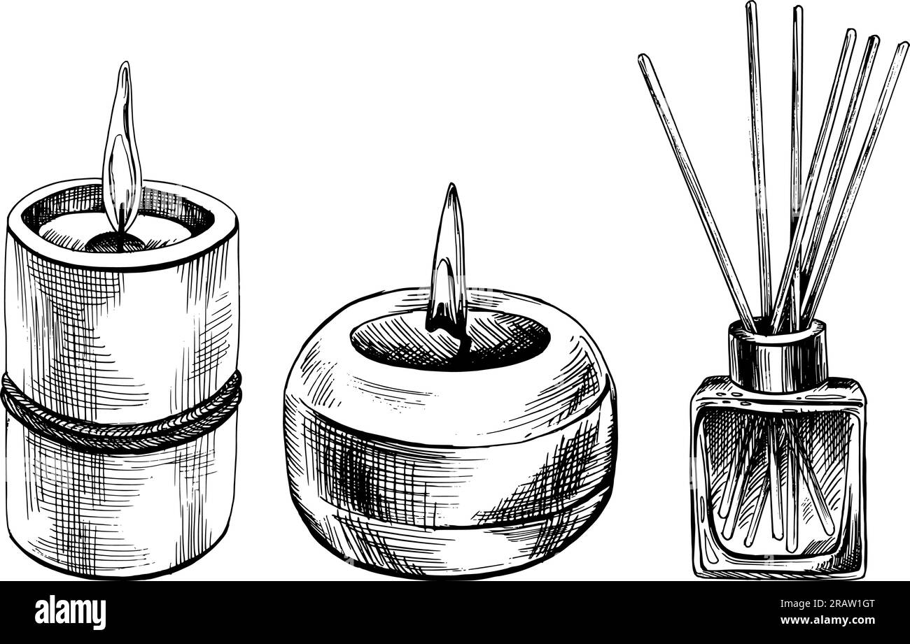 Bougies avec une flamme attachée avec une corde et un diffuseur d'arôme carré en verre avec des bâtons. Illustration graphique dessinée à la main. Vecteur EPS. Ensemble de isolé Illustration de Vecteur
